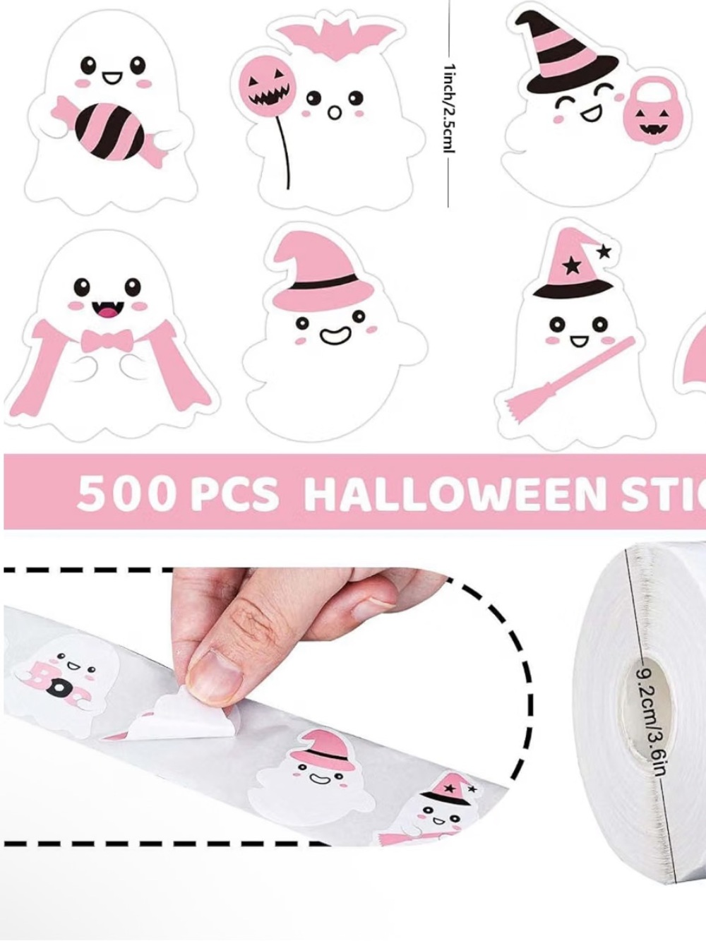 500 Cute Pink Ghost Halloween Sticker Roll - Home Party Supplies